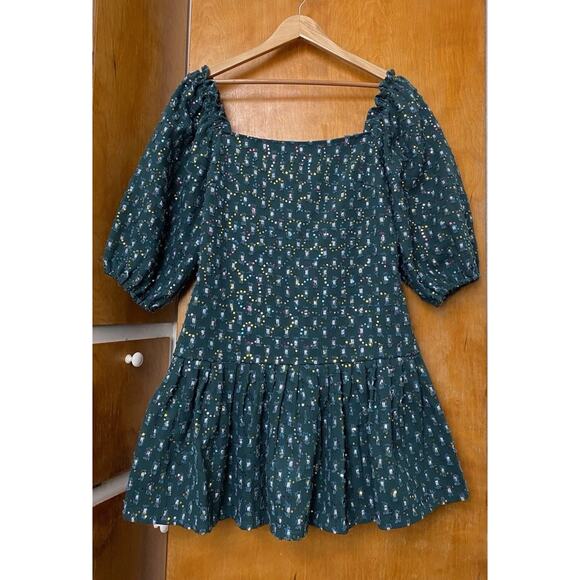 Queen Of Sparkles Green Drop Waist Denim Sequin Dress Puff Sleeves Mini Size M - Picture 3 of 8